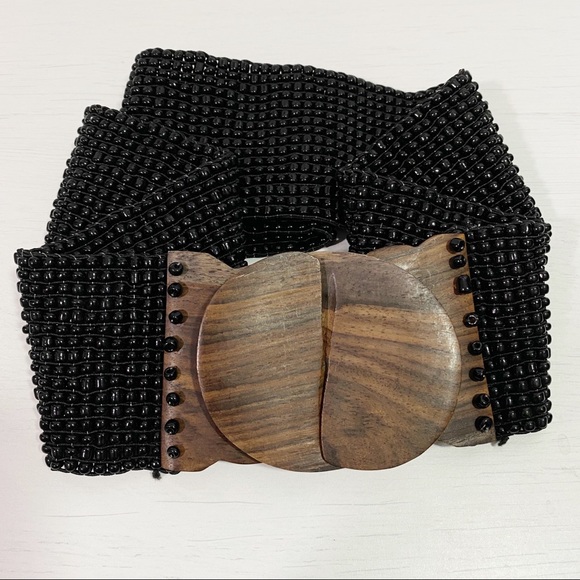 Black Boho Beaded Stretch Belt with Wood Clasp - Picture 3 of 6